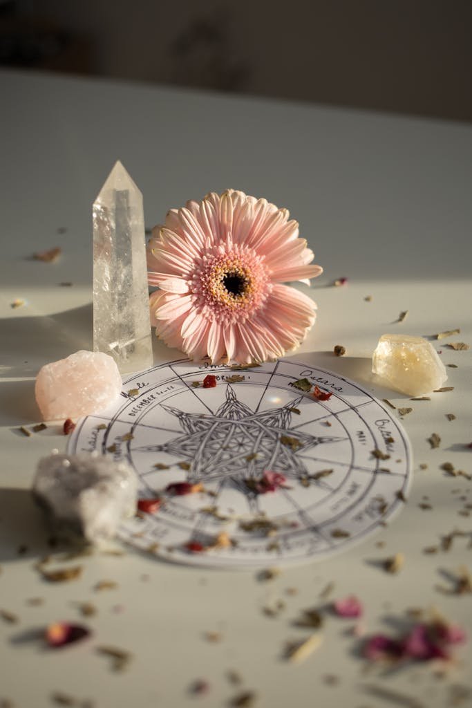 A harmonious setup of crystals and a flower around a pagan chart, symbolizing balance and spirituality.